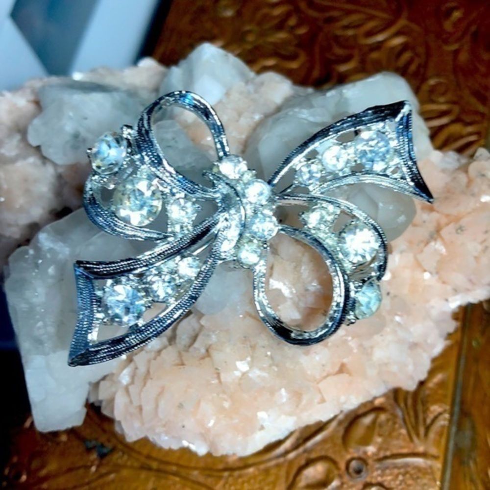 Vintage Silver and Rhinestone Bow Brooch